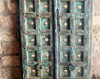 Elegant Haveli Antique Indian Doors, Blue Patina Door, Rustic Door With Brass Detailing Unique Doors, Architecture Garden Door 19c