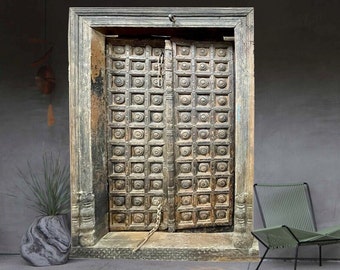 Antique Indian Teak Doors, Vintage Sun Bleached Door, Rustic Iron Medallions, Veranda Courtyard Door, Farmhouse, Ranch Wine Cellar,83