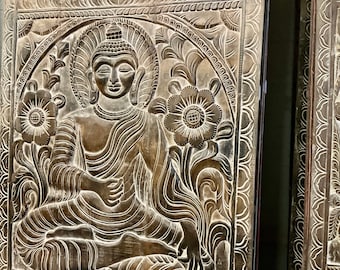 Indian Carved Wall Art Panel, Buddha Wall Decor, Barn Door, Budha Bhumisparsha Mudra, Rustic Carved Doors, Yoga Room, Unique Eclectic, 84x36
