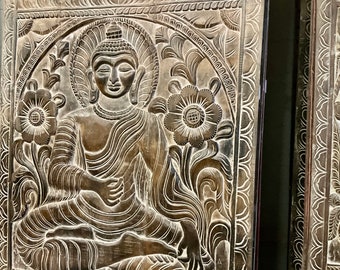 Indian Carved Wall Art Panel, Buddha Wall Decor, Barn Door, Budha Bhumisparsha Mudra, Rustic Carved Doors, Yoga Room, Unique Eclectic, 84x36