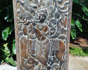 Vintage Carved Door Panel, Krishna Playing Flute with His Cow Panel, Rustic Wall Sculpture Art, Custom Barn Door 72x36
