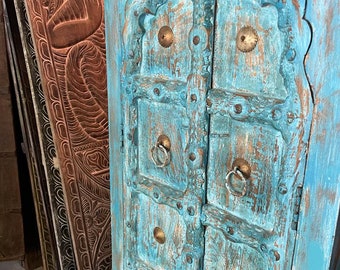 Rustic Armoire, Artistic Carved Medallions Wardrobe Cabinet, Reclaimed Wood, Blue Handcrafted Cabinet