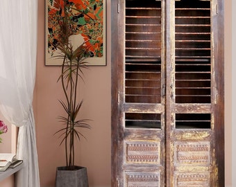Rustic Carved Tall Armoire, Vintage Iron Jali Solid Wood Armoire, Rustic Indian Carved Farmhouse Ranch Cabinet 85