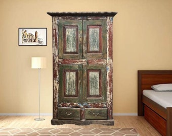 Shabby Chic Carved Distressed Green Red Armoire, Accent Cabinet, Antique Armoire from India, Eclectic Armoire, Hand-carved Wardrobe
