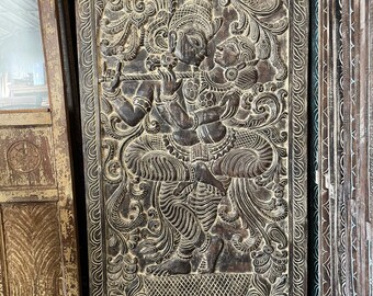 Vintage Carving Krishna Radha Barn Door Panel ETERNAL LOVERS Door Panel Wall Art, Hand Carved Wall Sculpture Panel Interior design 72x36