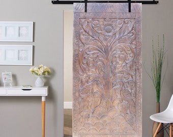 Tree of Life Carved Wood Panel Farmhouse Sliding Barndoor, Rustic Doors, Wall Decor, Mindful Decor Yoga Artistic 84x40