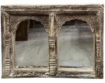 Rustic Arch White Wash Mirror, Handcarved Wooden Wall Mirror, Indian Furniture Mirror, Statement Mirror, Jharokha Arch Mirror