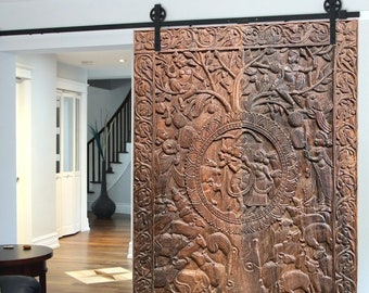 Vintage Wood Carved Teak Headboard Indian Wall Sculpture, Antique Fluting Krishna Radha Kalpavriksha Celebration of Life Carving