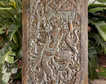Custom Indian Carved Sliding Barn Door, Krishna Govardhana, Vintage Wood Carved Boho Art, Carved Wall Sculpture, Unique Eclectic 84
