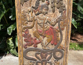 Dancing Krishna Barn Door, Krisna Kaliya India Art, Colorful Barndoor, Reclaimed Wood, Unique Eclectic Decor