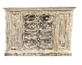Marblewash Rustic Sideboard, Vintage Carved Console, Hall Table, Accent, Indian Inspired Accent Chest