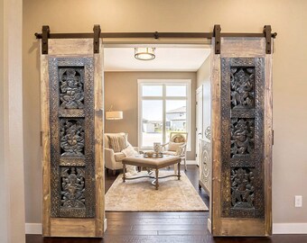 Pair Vintage Ganesha Sliding Barndoor, Carved Barn Door, Ganesh Temple, Indian Door, Yoga Unique Eclectic