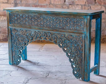 Farmhouse Sofa Table, Hall Table, Reclaimed Wood Console Table, Blue Carved Console Table, Entryway Display Table, Farmhouse Decor 59X36