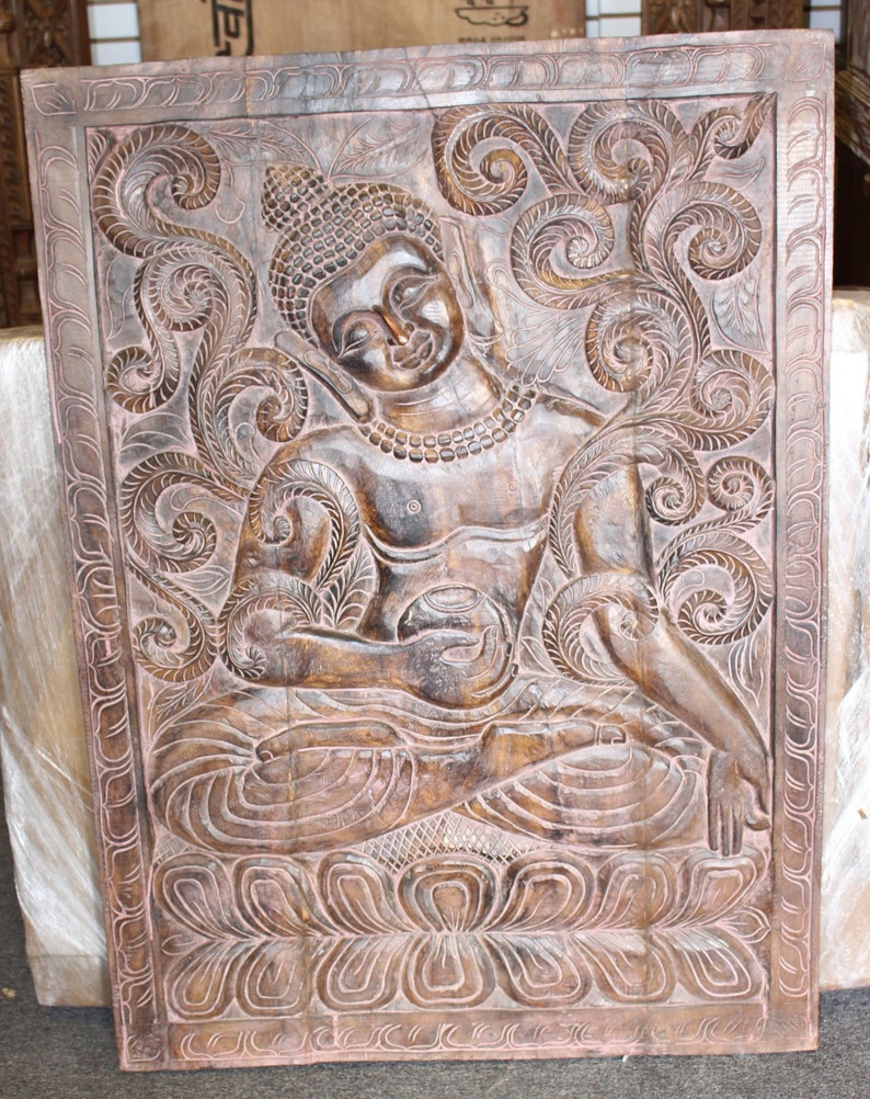 Indian Vintage Sitting Buddha Wall Panel Hand Carved Wooden Decor Art Studio