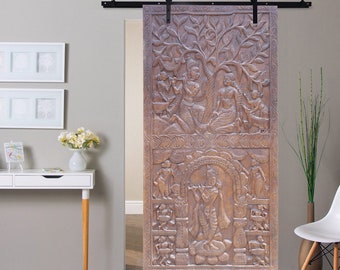 Vintage Krishna Radha Carving Wall Panel, Hand Carved Wall Sculpture, Wooden Barn Door Panels, Headboard, Wall art 84x36