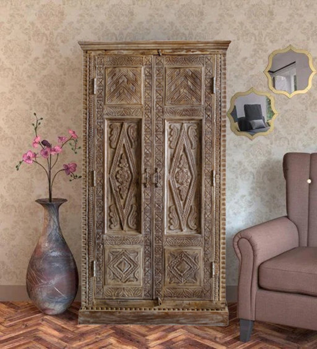 Whitewash Armoire Carved Vintage Armoire Rustic Carved Etsy