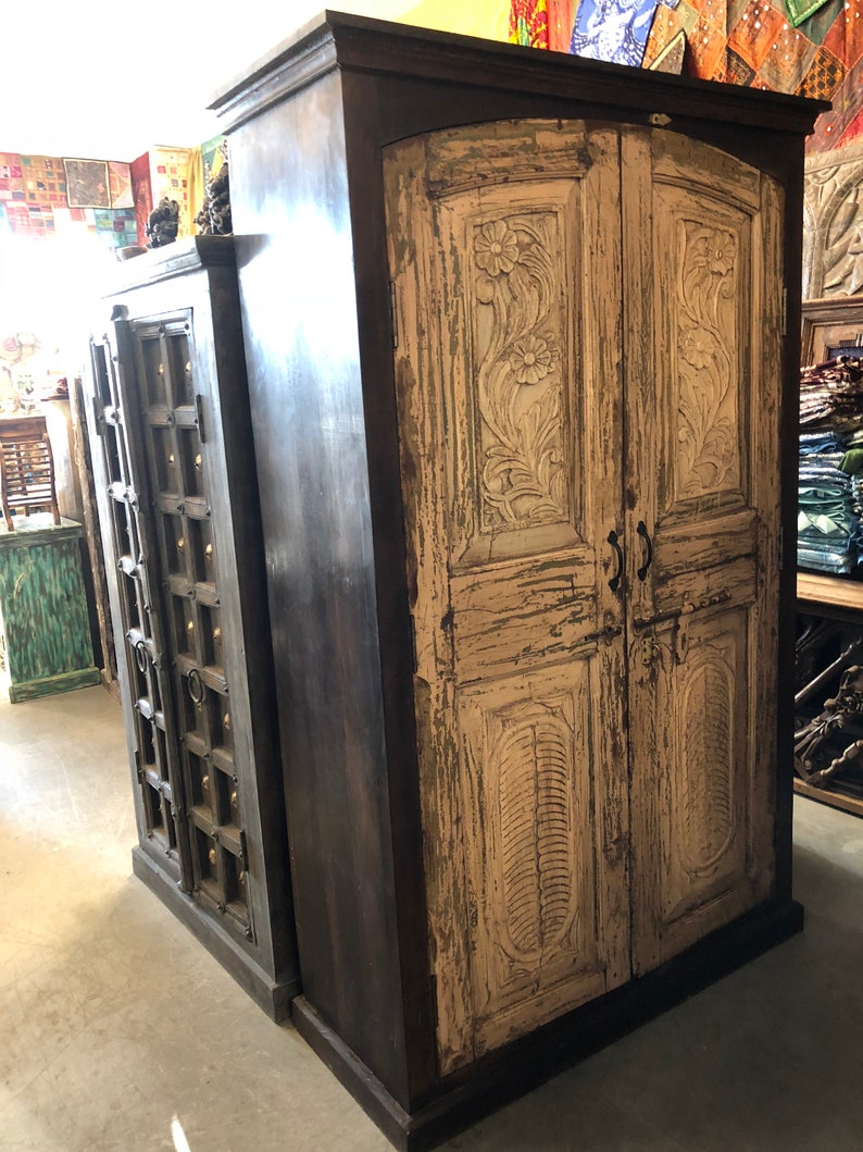 Antique Armoire Rustic Carved Wardrobe Cabinet Reclaimed Wood Etsy