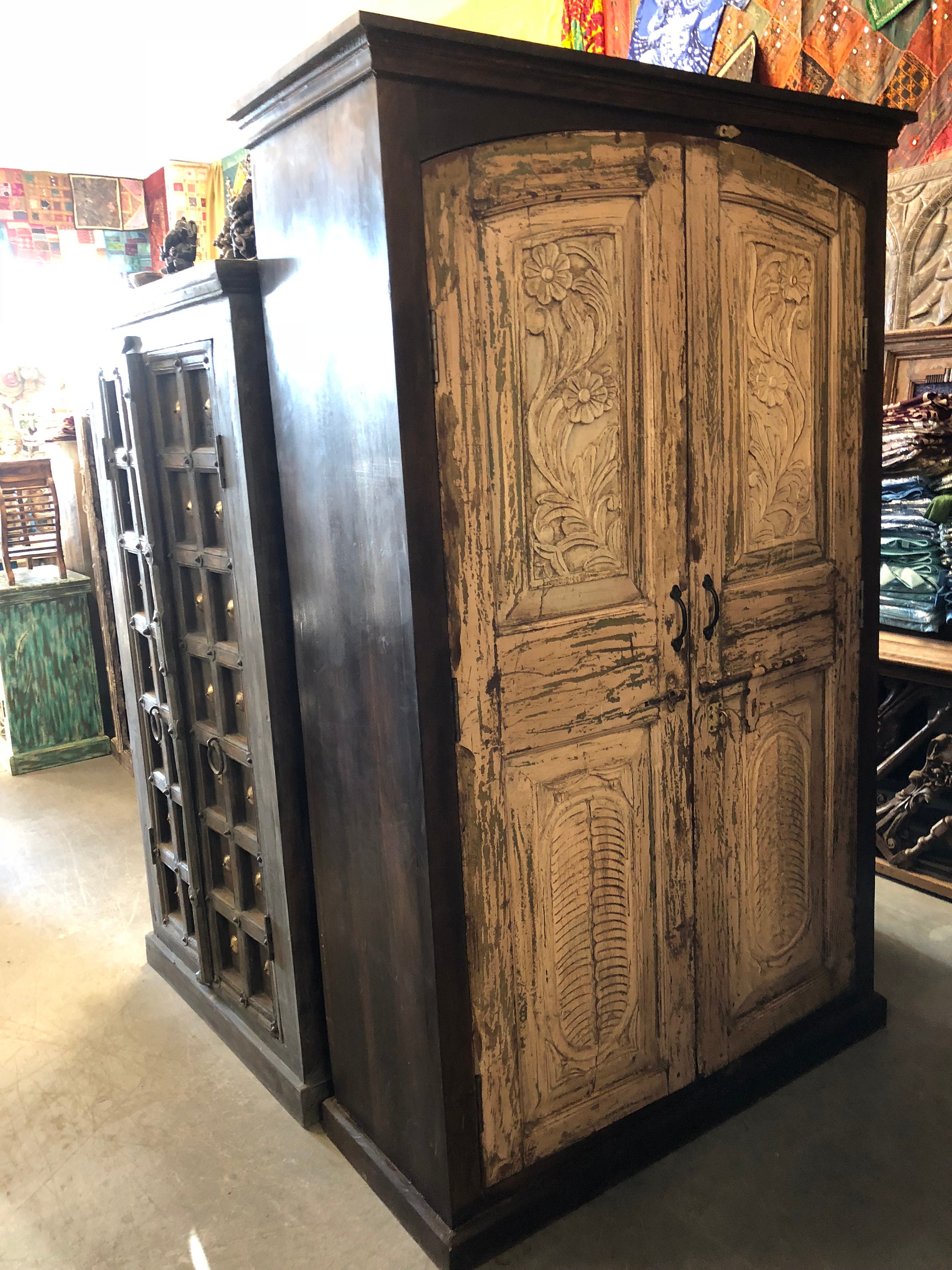Antique Anglo Indian Armoire Rustic Carved Wardrobe Cabinet Etsy