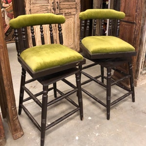 Set of 2, Counter Height Bar Stools, British Colonial Green Bar Chairs, Farmhouse Rustic Counter Stools, Kitchen Revolving, Unique Eclectic