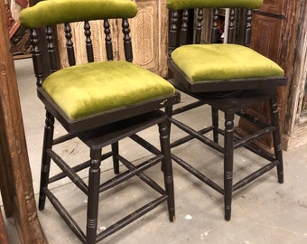 Mid Century vinyl bar stools 1960's, Antique Revolving Stools, Original Pair British Colonial Green Chair Farmhouse Rustic Counter Stools