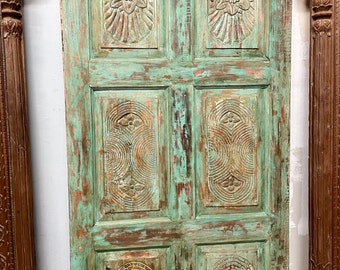 Boho Vintage Barn Door, Rustic Carved Blue Door Panel, Handcarved Barn Doors, Sliding Door Architectural Home Decor 80x36