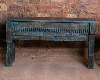 Pushkar Accent Hall Table, Teal Blue Console Table, Beautiful Floral Carving Sofa Table, Vintage Distressed Wooden RUSTIC FARMHOUSE