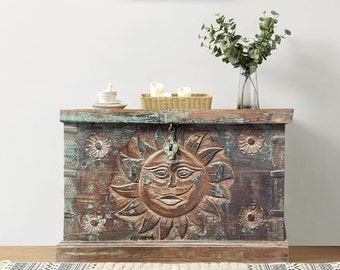Antique Tribal Hope Chest, Vintage India Sun Carved Wooden Trunk Table, Rustic End Table, Accent Decor, Pitara Blanket Box, 34x22