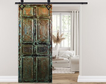 Eclectic Vintage Barn Door, Rustic Carved Sage Green Door Panel, Mediterranean style Barn Doors, Sliding Door, Architectural Unique Eclectic