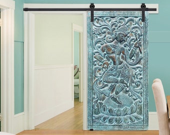 Fluting KRISHNA Barn Door, Kadambari Tree, Indian Carved Wall Sculpture, Blue Hues, Barndoor, Reclaimed Wood, Unique Eclectic