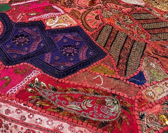 Boho Wall Hanging Tapestry, Zardozi Indian Sari Tapestry, Pink Passion Wall Decor, Vintage Embroidered Wall Hanging, Bohemian Rhapsody