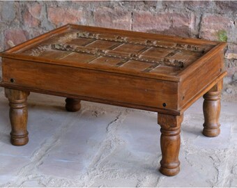 Antique Door Coffee Table, Hand Carved Haveli Window Brown Rustic Wood Chai Tables, Cocktail Table, Interior Design