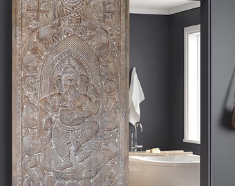 Ganesha Carved Barn Door, Sliding Door, Vintage Indian Door, Dancing Ganesha on lotus Door, Accent Wall Art, Yoga Room, Temple Decor 96