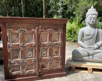 Antique Sideboard, Farmhouse Eclectic Rustic Chest,  Door Sideboard, Hall Chest, Vanity, Reclaimed Teak Door, Storage Chest