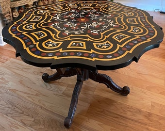Inlaid Black Marble Round Table, Pietra Dura Inlay handwork, Scalloped Boho Accent Table on Wood Base, Carved Kitchen Table, 48
