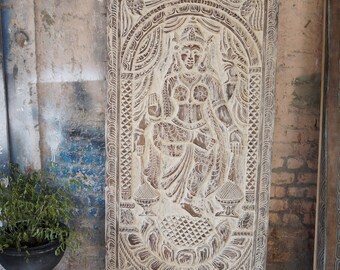 Vintage Laxmi Goddess Carving, Barn Door, Custom, Whitewash, Indian Carved Wooden Panel, Laxmi Carving Temple Decor, Hindu Goddess