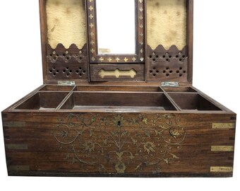 Antique Carved Chest, Wooden Hand-carved and inlaid with metal Unique design Jewelry Box With Mirror, Storage Chest Box, Eclectic décor