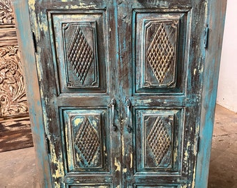 Turquoise antique rustic cabinet, Carved Indian Living Room Cabinet, Bathroom Storage Chest, teak Wood Hallway Accent Armoire 53x29