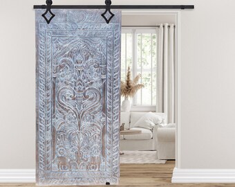 Tree of Life Barndoor, Vintage Wood Wall Art, Blue Hues Elephants Rustic Artistic Carved Barn Door 84X40