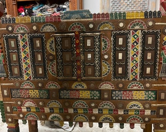 Vintage Indian "Damchiya" Dowry Chest, Hope Chest with Mirrors, Console Tribal Storage Carved Reclaimed Wood