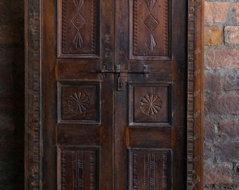Antique Door, Dark Tone Brown Door, Indian Haveli Doors, Teak Wood Garden Doors, Architectural Hand Carved Rustic Farmhouse Doors