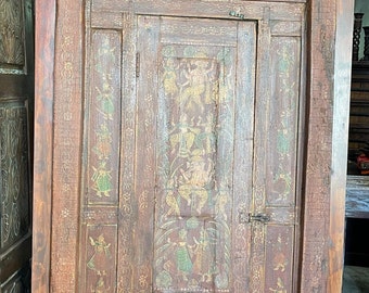 Antique 18C Ancient Ganesha Tribal Door, Yoga Room, Barn Door, India Holistic Tribal Vintage Dancing Ganesh Painted Door