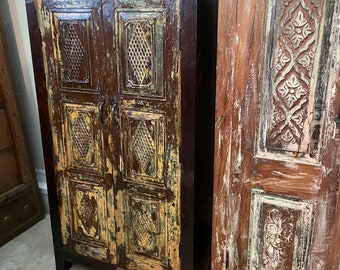 Antique Indian Teak Painted Armoire, Rustic Hall Cabinet, Carved Storage Armoire Resort Boutique Cottage Farmhouse Decor Furniture