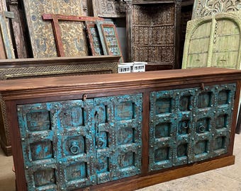 Antique Blue Doors Credenza, Vintage Organic Sideboard, Rustic Vintage Carved Chest, Buffet, Long Credenza Bar Cabinet 82x37