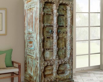 Rustic Antique Wardrobe Armoire, Green Cottage wardrobe Cabinet, Farmhouse Armoire, Provincial Handmade Dresser