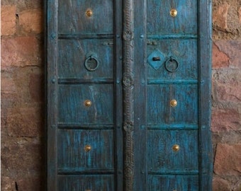 Antique INDIAN JAIPUR DOOR, Blue Haveli BarnDoors, Farmhouse Distressed Teak Barn Doors, Garden Resort Decor 80Inches