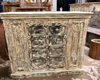 Handmade Vintage Antique Teak Wood Buffet, Indian Console Table, Carved White Wash, Decorative Console Table, Rustic Buffet, Indian Buffet