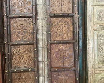 Rustic Chakra Carved Doors, Antique India Door, Headboard, Vintage Indian Doors, Architectural Yoga Resort Design 80