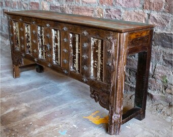 Handmade Vintage Antique Teak Wood Console, Indian Console Table, Carved Buffet, Hall Table, Vintage Rustic Sofa Table, TV Media Console