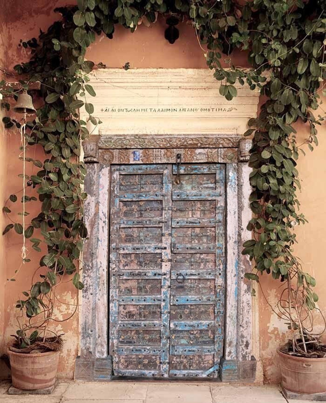 Haveli Antique Indian Doors With Frame, Rustic Blue Doors With Brass Detailing, Unique Architecture Garden Door 19c, 83x57 image 1