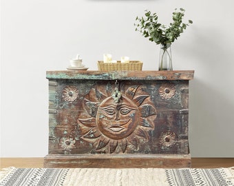 Antique Tribal Hope Chest, Vintage India Sun Carved Wooden Trunk Table, Rustic End Table, Accent Decor, Pitara Blanket Box, 34x22